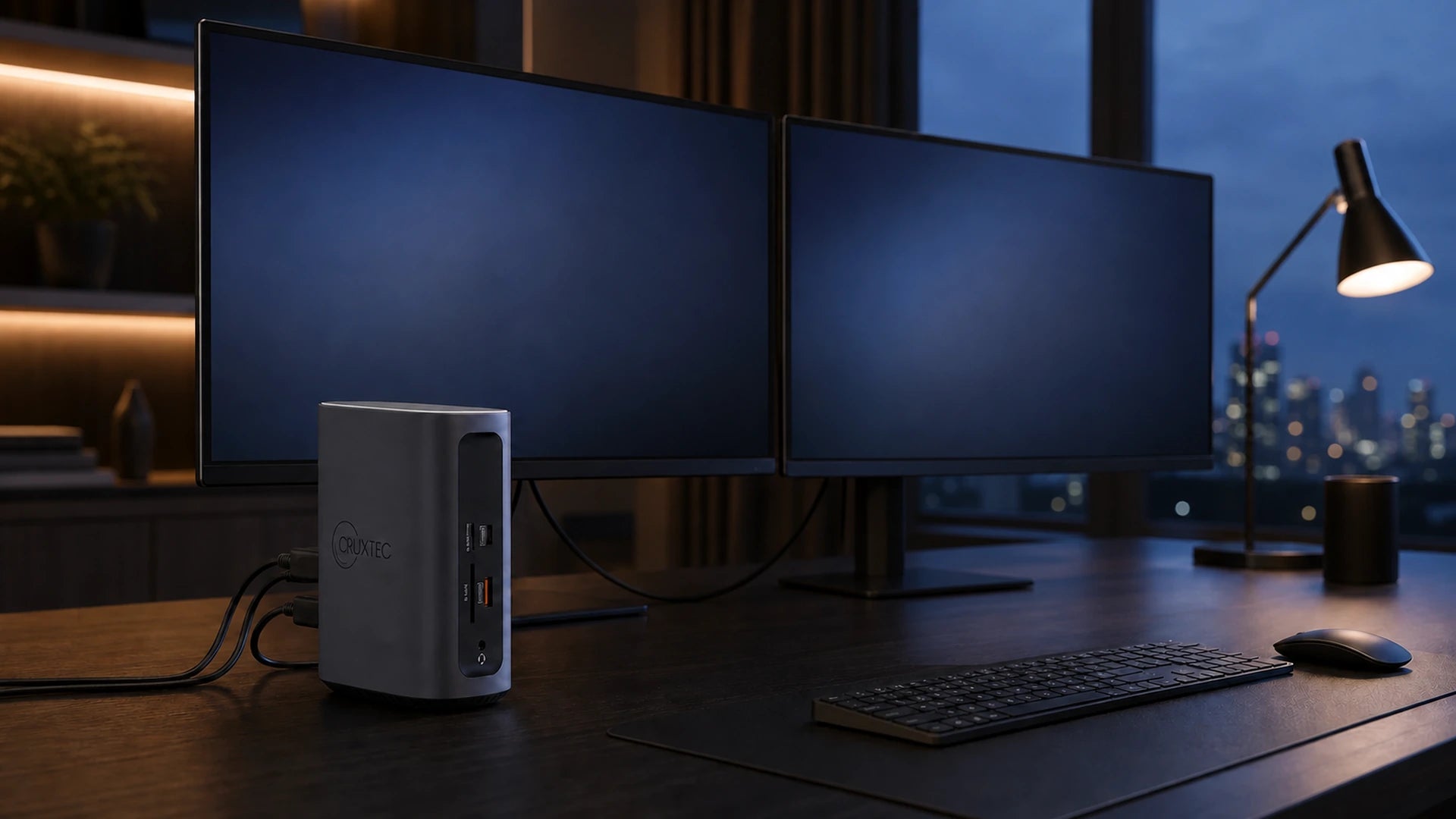 Cruxtec CDK17-SG docking station in a dual-display professional workstation