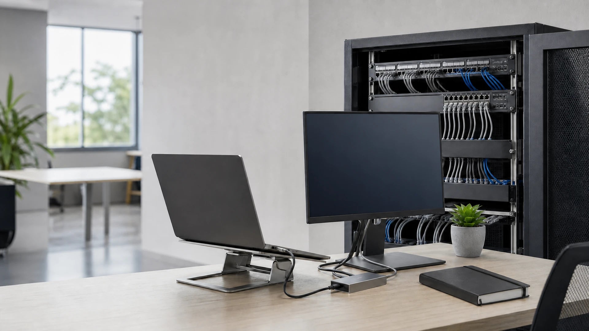 Modern office workstation beside a neatly managed network cabinet