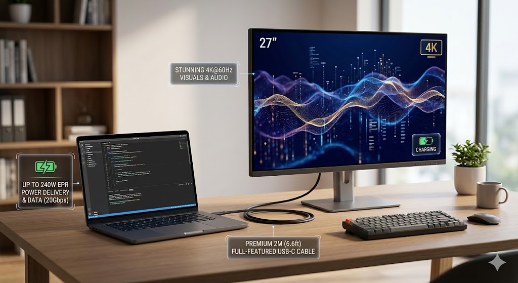 Cruxtec USB-C Full-Feature Cable ( 240W, 20Gpbs, ) 4K@60Hz (2m) image
